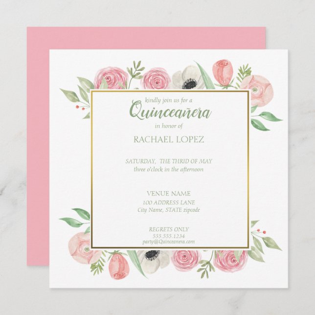 Invitation Flore rose Chic | Cadre Or Quinceanera (Devant / Derrière)