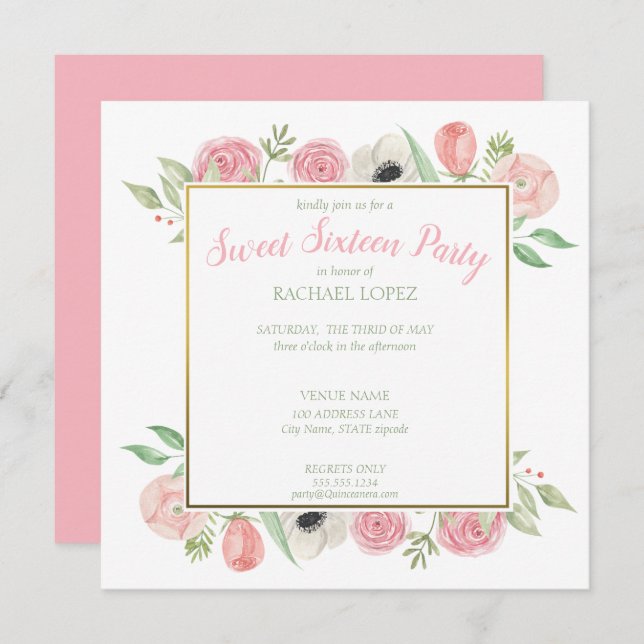 Invitation Flore rose Chic | Sweet sixteen Gold Frame (Devant / Derrière)