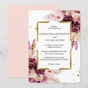 Invitation Flore rose et cadre doré bleu Bourgogne moderne