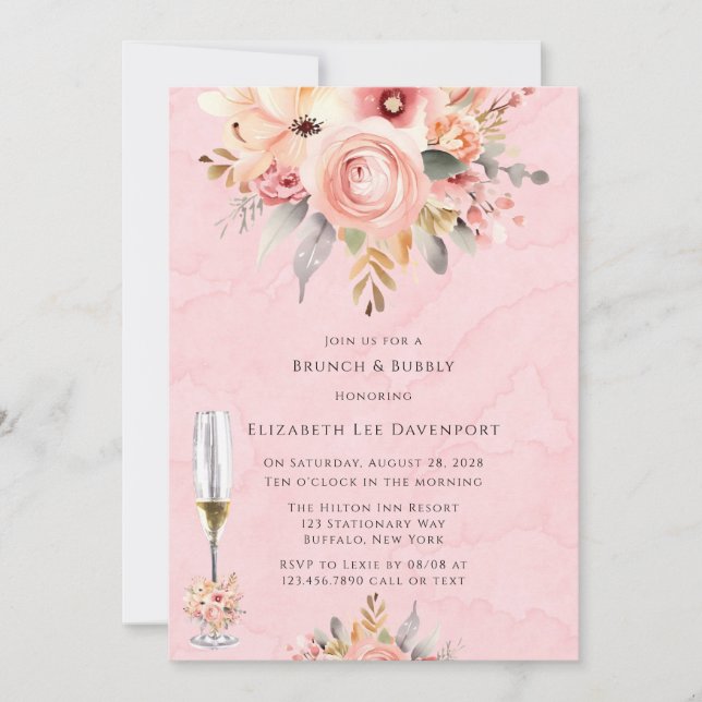 Invitation Flore rose et or chic Brunch & Bubbly (Devant)