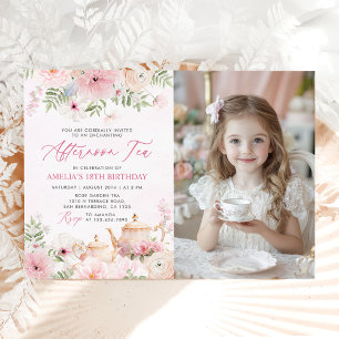 Invitation Flore rose pâle après-midi Thé Anniversaire Photo