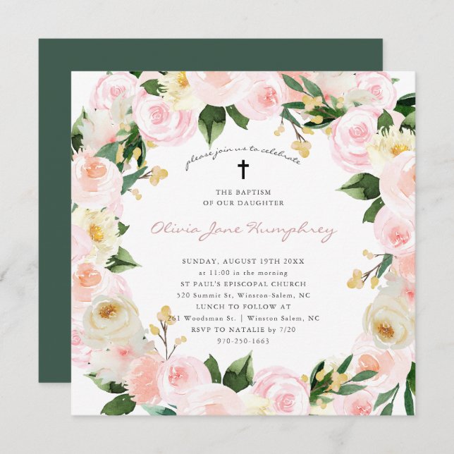 Invitation Flore rose pâle | Baptême floral d'été du printemp (Devant / Derrière)