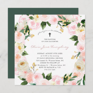 Invitation Flore rose pâle   Baptême floral d'été du printemp