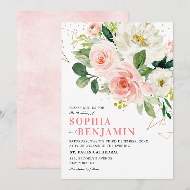 Invitation Flore rose pâle Mariage géométrique Or moderne (Devant / Derrière)