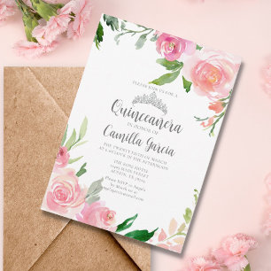 Invitation Flore rose pâle Quinceañera Argent Tiara Élégant