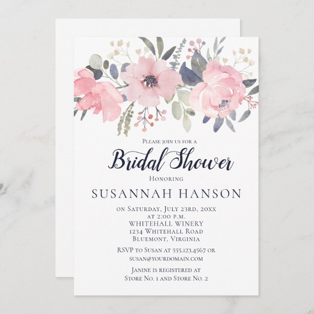 Invitation Flore rose pâle sur Fête des mariées blanche (Devant / Derrière)