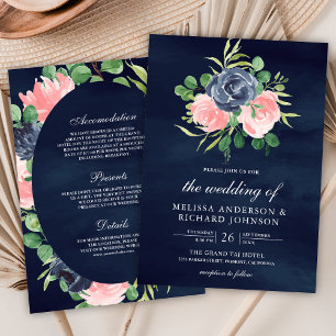 Invitation Flore rose pâle tout en un Mariage bleu marine