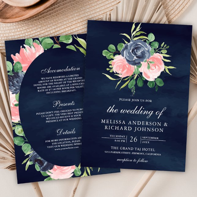 Invitation Flore rose pâle tout en un Mariage bleu marine (Créateur téléchargé)