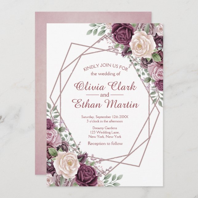 Invitation Flore Rose poussiéreux géométrique sur blanc (Devant / Derrière)