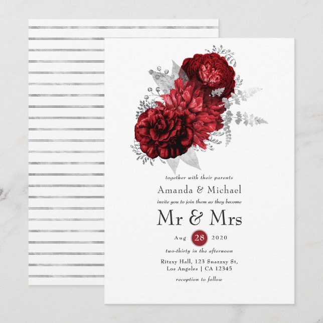 Invitation Flore rouge et argent M. & Mme Mariage (Devant / Derrière)