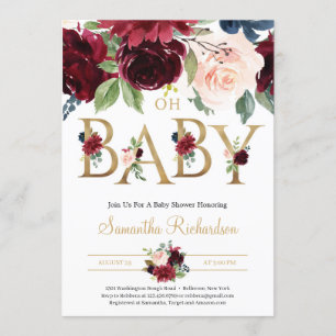 Invitation Flore rouge profonde et huile d'or Lettrer Oh Baby