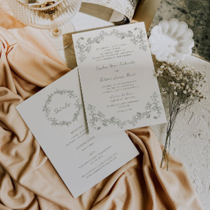 Invitation Flore rustique Vintage Sage tout en un Mariage