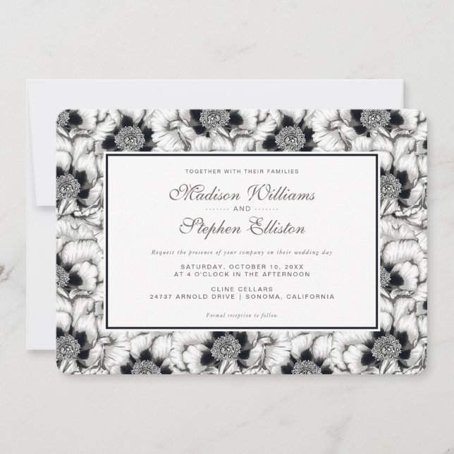 Invitation Flore tirée à main noire et blanche - Mariage (Devant)