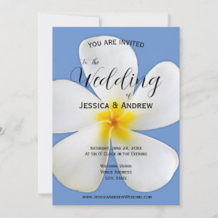 Invitation Flore tropicale, Plumeria blanche sur Bleu, Mariag