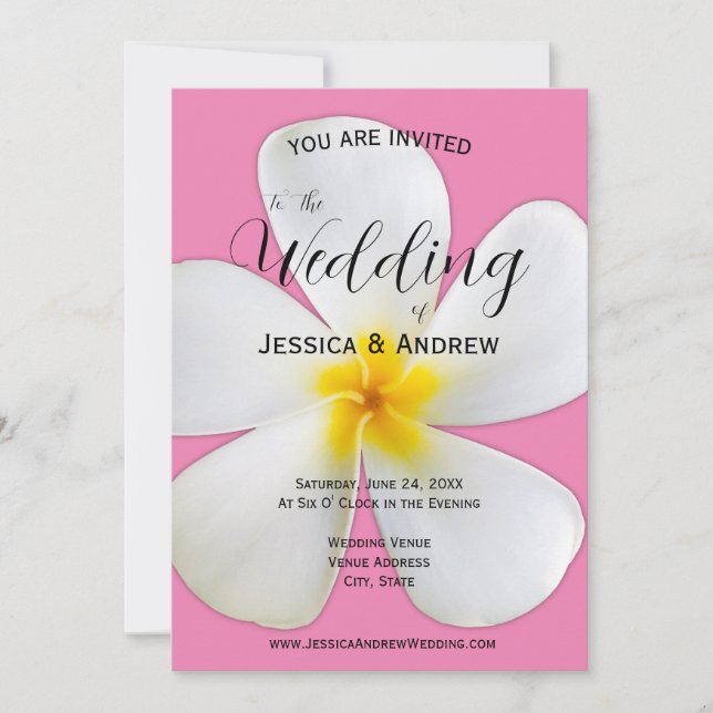 Invitation Flore tropicale, Plumeria blanche sur rose, Mariag (Devant)