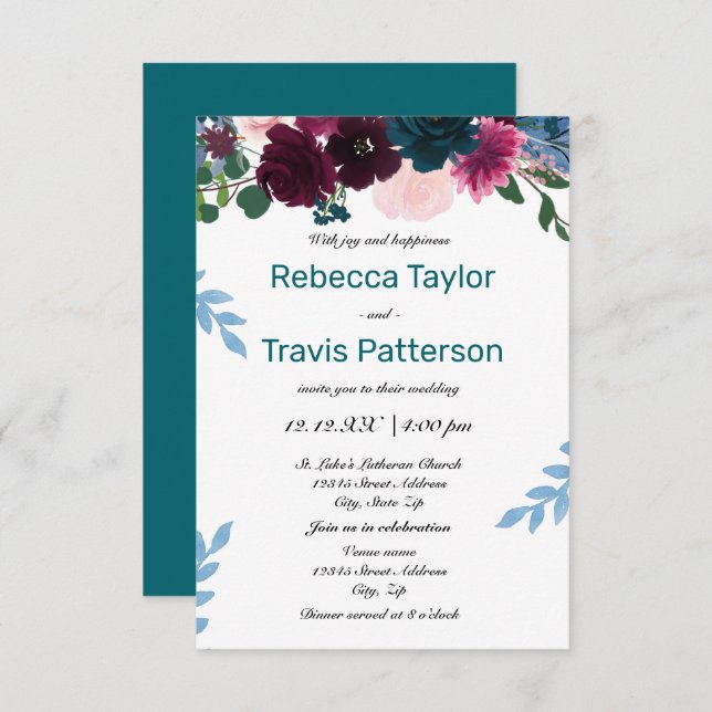 Invitation Flore Turquoise - Mariage/Réception 3x5 (Devant / Derrière)