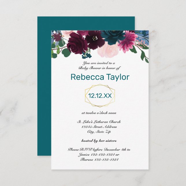 Invitation Flore Turquoise vertical - Baby shower 3x5 (Devant / Derrière)
