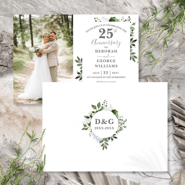 Invitation Flore verdoyante 25e anniversaire du Mariage Photo (Greenery Floral 25th Wedding Anniversary Photo Invitation)
