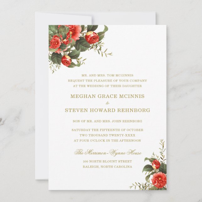 Invitation Flore verte et rouge Mariage peint (Devant)