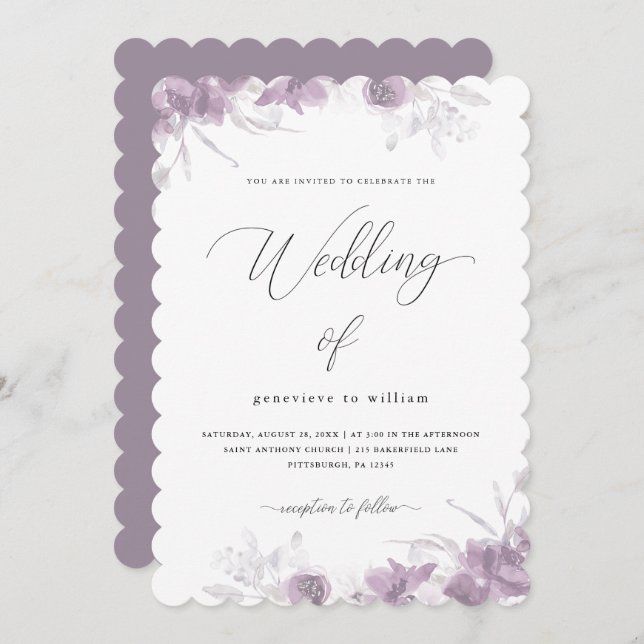 Invitation Flore violette délicate avec Mariage de calligraph (Devant / Derrière)