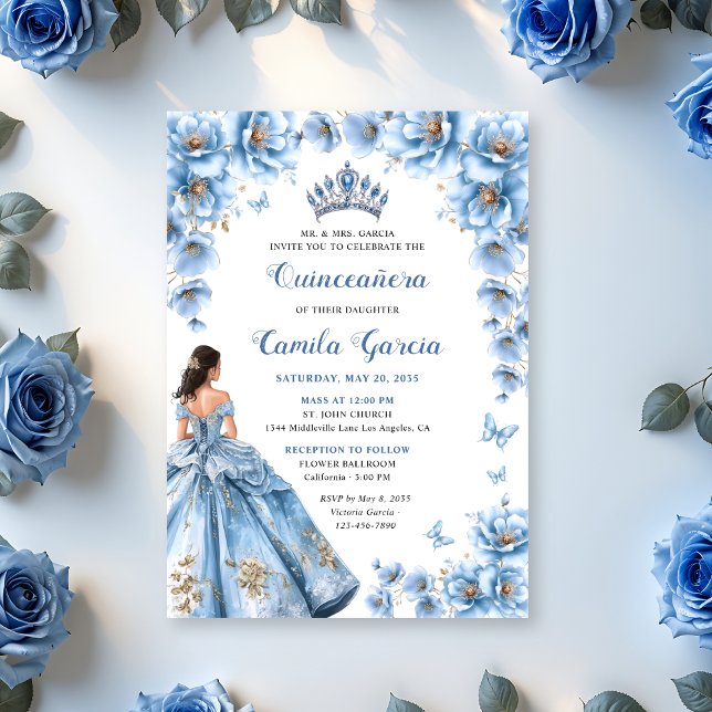 Invitation Flore Whimsical Dusty Bleu Tiara Quinceañera (Créateur téléchargé)