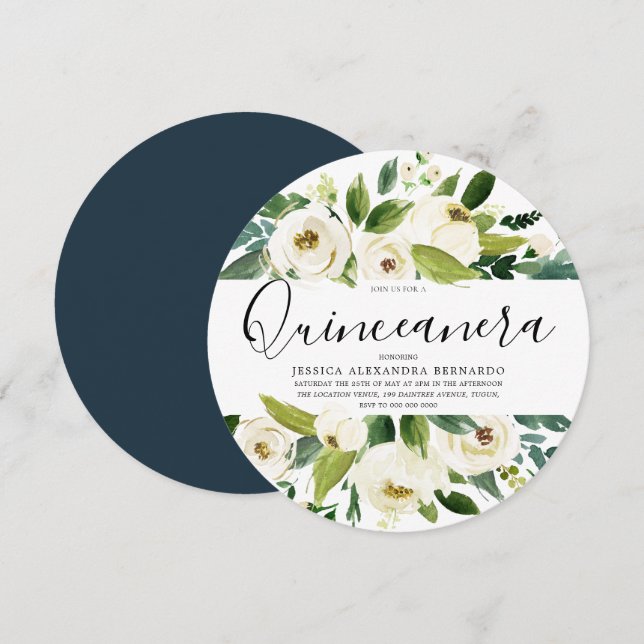 Invitation Flores blanches modernes Parti Quinceanera à feuil (Devant / Derrière)