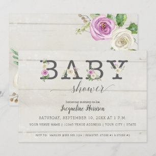 Invitation Flores blanches violettes en bois   Baby shower fi