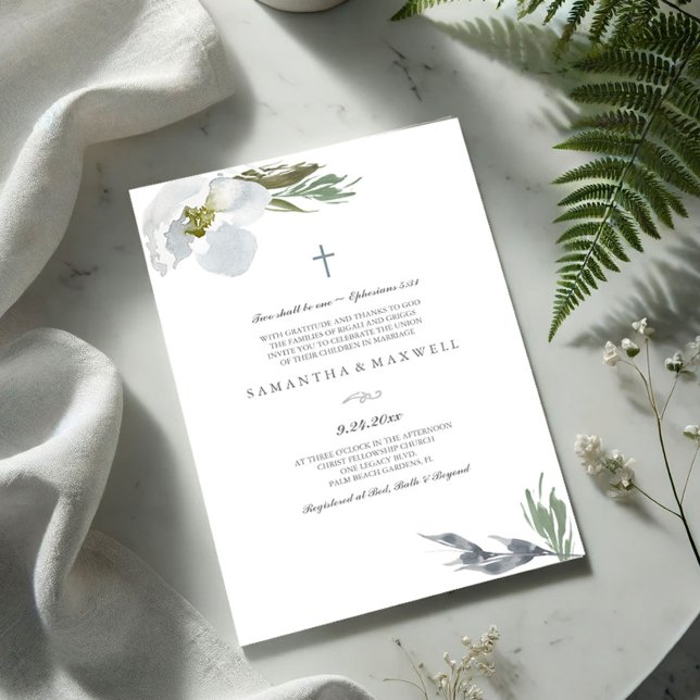 Invitation Flores d'aquarelle gris Mariage chrétien (Baptism invitations watercolor grey flowers and greenery)