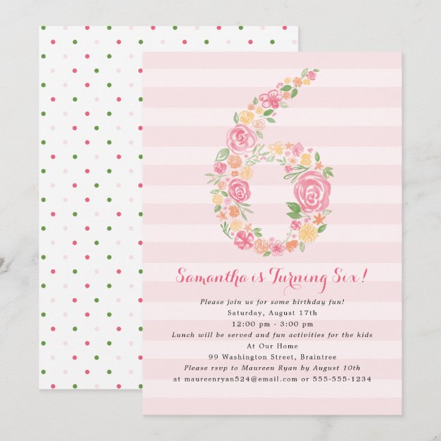 Invitation Flores d'aquarelle SIX 6e anniversaire (Devant / Derrière)
