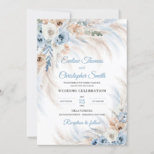 Invitation Flores de Boho bleu moderne rose pampas tropical