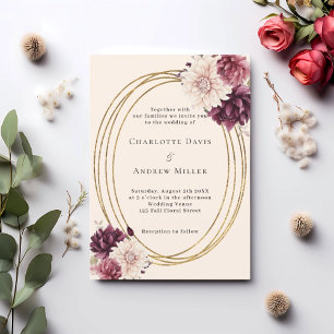 Invitation Flores d'ivoire beige bordeaux mariage cadre or