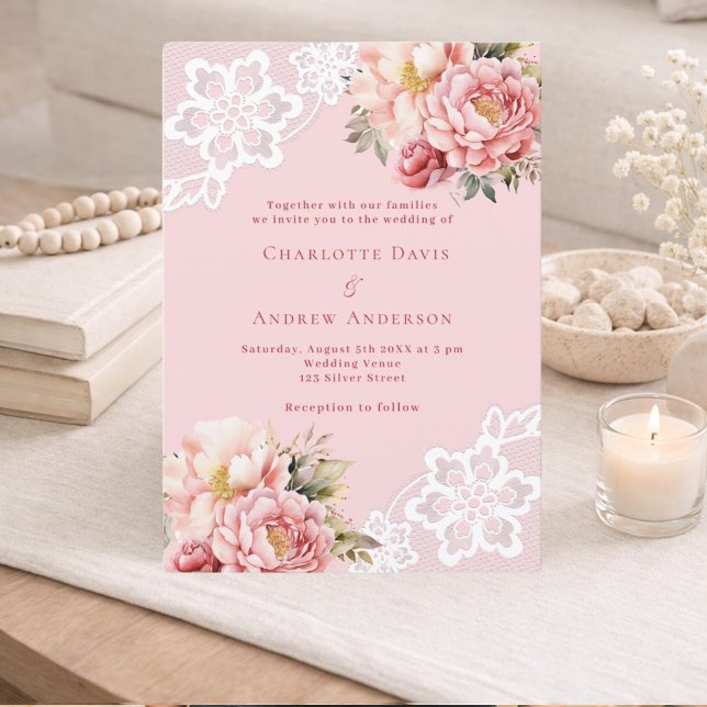 Invitation Flores d'or rose rose mariage dentelle blanche (Créateur téléchargé)