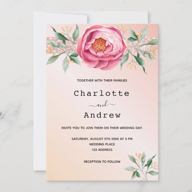 Invitation Flores d'or rose rose pâle parties scintillant mar (Devant)