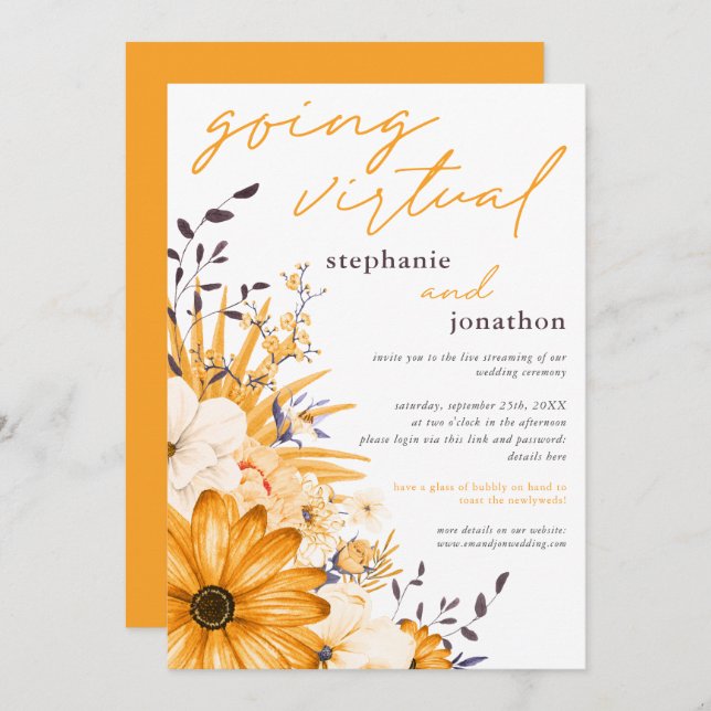 Invitation Flores gris jaune Aquarelle Mariage virtuel (Devant / Derrière)
