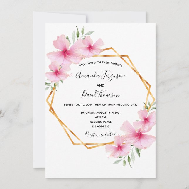 Invitation Flores roses blanc or mariage géométrique (Devant)