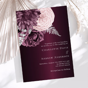 Invitation Flores roses bordeaux élégant mariage