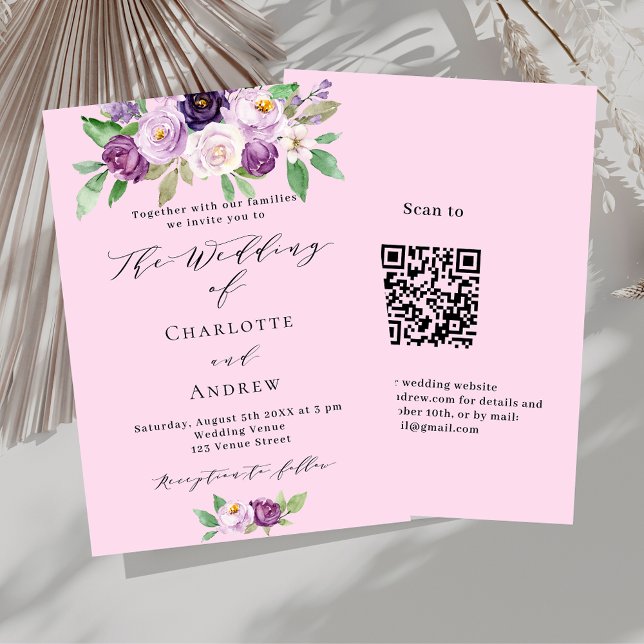 Invitation Flores violets roses QR détails RSVP mariage de lu (Créateur téléchargé)