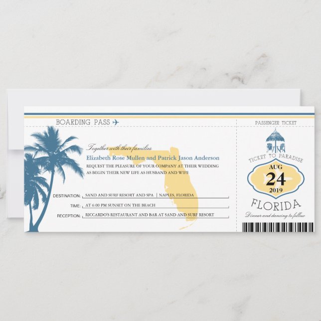 Invitation Florida Palm Tree Boarding Pass Mariage (Devant)