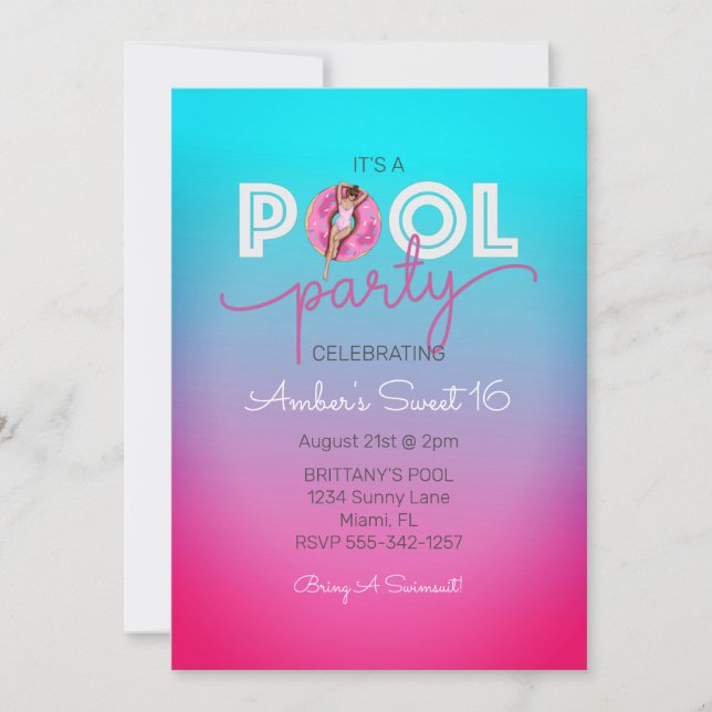 Invitation Flotte de Donut piscine d'été douce 16 fête d'anni (Devant)