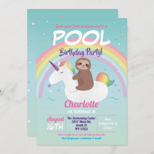 Invitation Flotte de la Sloth Rainbow Pool Party Anniversaire