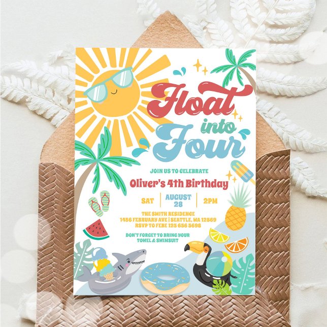 Invitation Flotter dans quatre anniversaire de plage d'été gr (Créateur téléchargé)