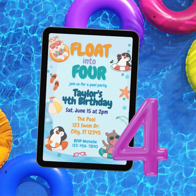 Invitation Flotter dans quatre, Les Animaux de la Piscine 4èm (Créateur téléchargé)