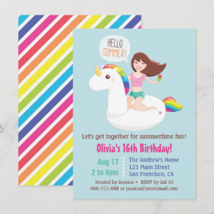 Invitation Flotteur de piscine licorne Sweet 16 pour fête d'a