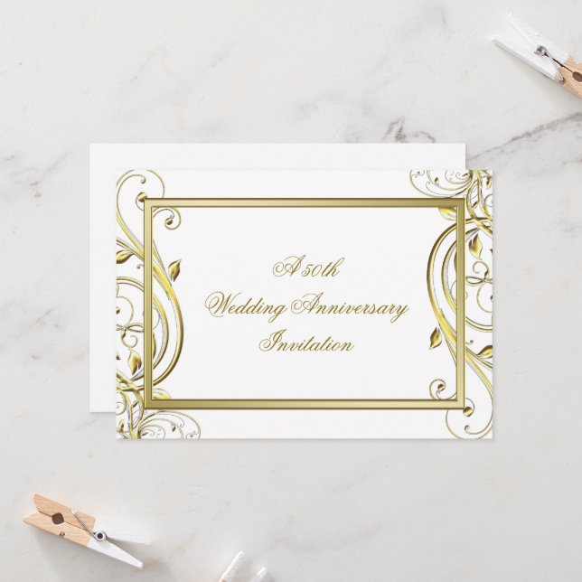 Invitation Flourish Or Blanc 50e Anniversaire de Mariage (Devant/Arrière en situation)