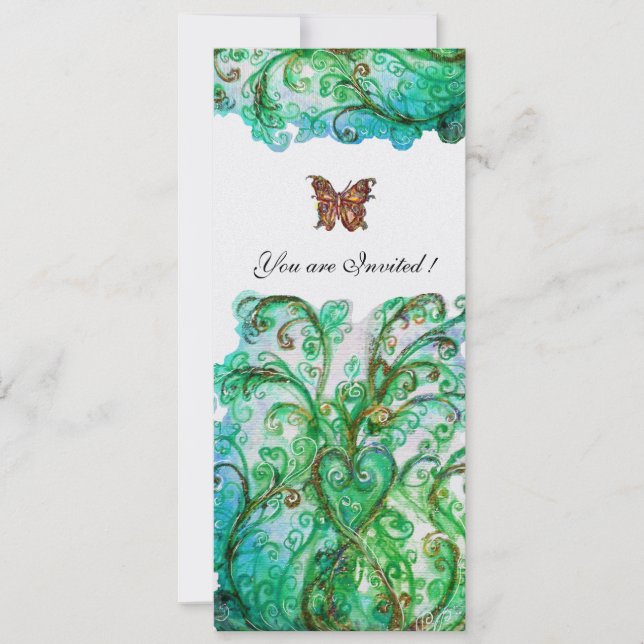 Invitation FLOURITURES FANTAISISTES Bleu Vert Floral Blanc Pe (Devant)