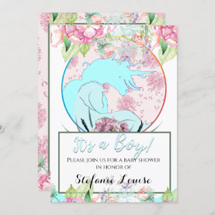 Invitation Flow Unicorn blue C'est un garçon ! (fleurs & dand