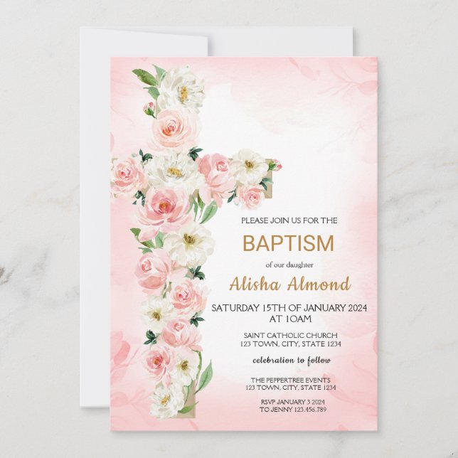 Invitation Flower Cross Baptism Invitation, Floral Christian (Devant)
