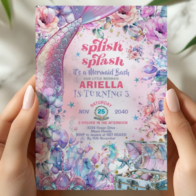 Invitation Flower Glitter Mermaid Tail 3rd Birthday  (Créateur téléchargé)