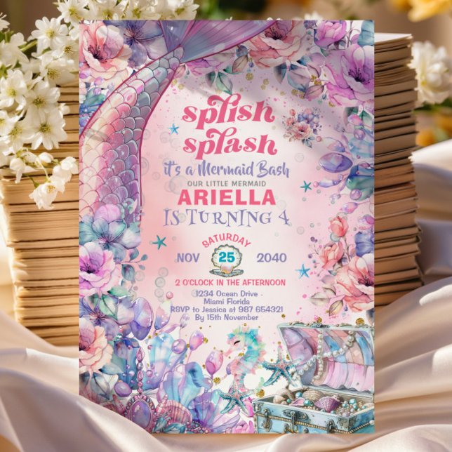 Invitation Flower Glitter Mermaid Tail 4th Birthday  (Créateur téléchargé)