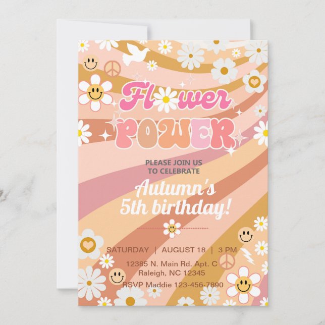 Invitation Flower Power Super fille de 5ème anniversaire invi (Devant)